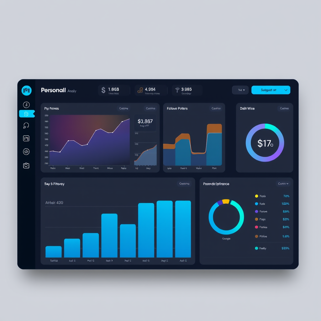 Modern dashboard interface showing personal finance analytics with colorful charts, spending patterns visualization, and budget optimization tools on a sleek dark background with electric blue accents