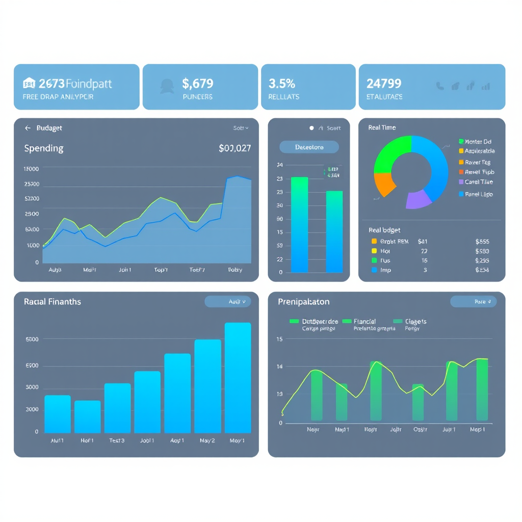 Modern financial analytics dashboard showing spending patterns, budget optimization charts, and real-time financial data visualization with blue and green color scheme