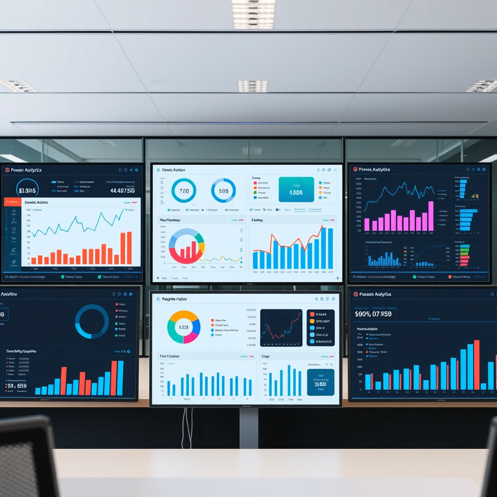 Modern business analytics dashboard showing financial data visualization with charts, graphs, and real-time expenditure tracking on multiple screens in a sleek office environment