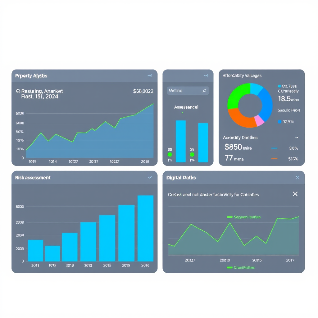 Modern property analytics dashboard showing real-time market data, affordability calculations, and risk assessment charts with blue and green color scheme