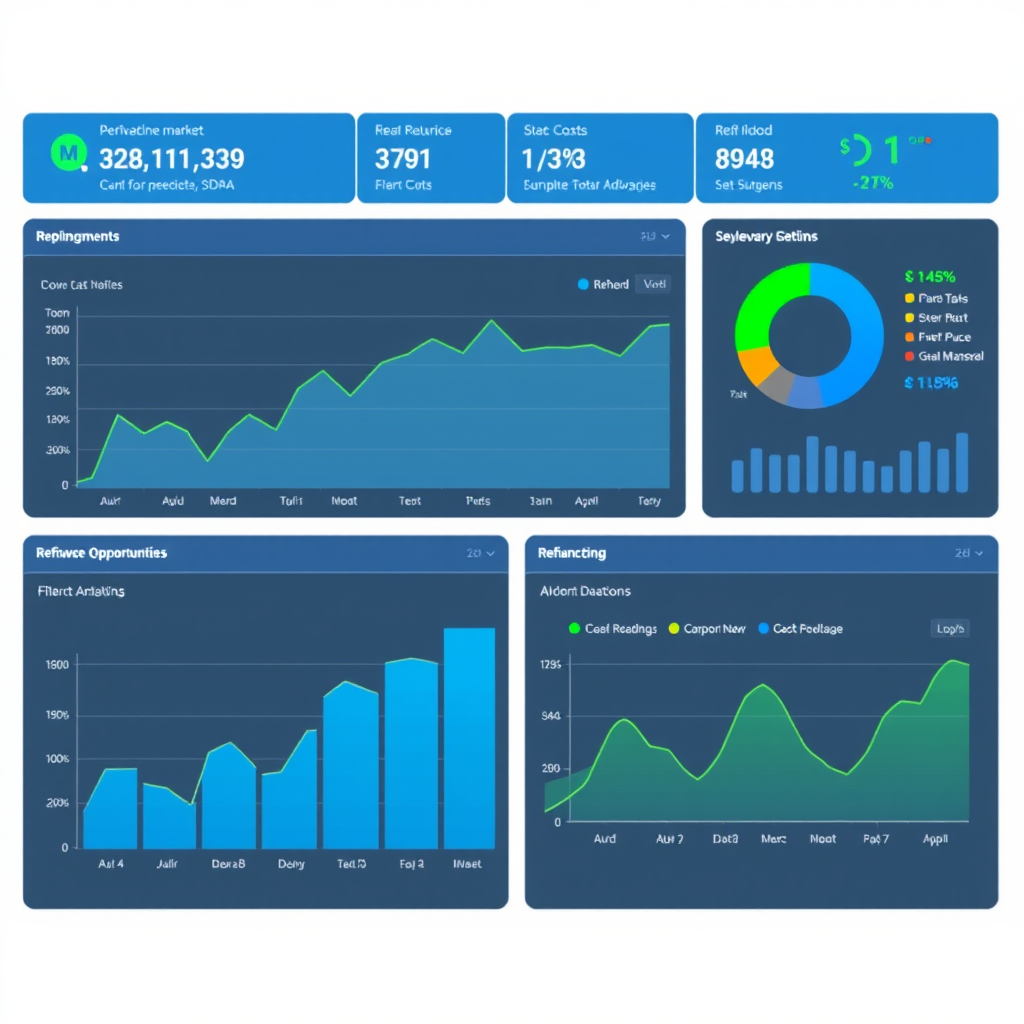 Advanced financial analytics dashboard showing real-time market data, refinancing opportunities, and interactive charts with blue and green color scheme