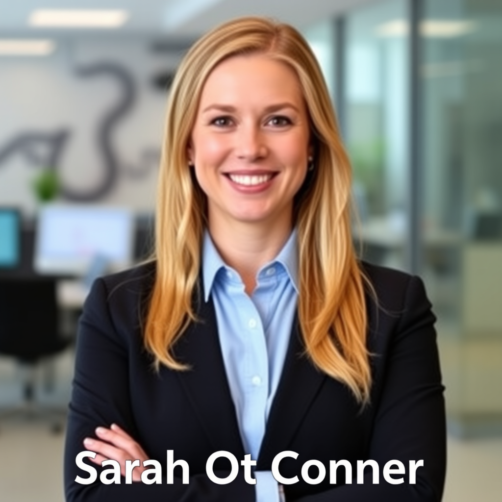Professional headshot of Sarah O'Connor, Senior Financial Analyst at iieir tech, wearing business attire with a confident smile against a modern office background