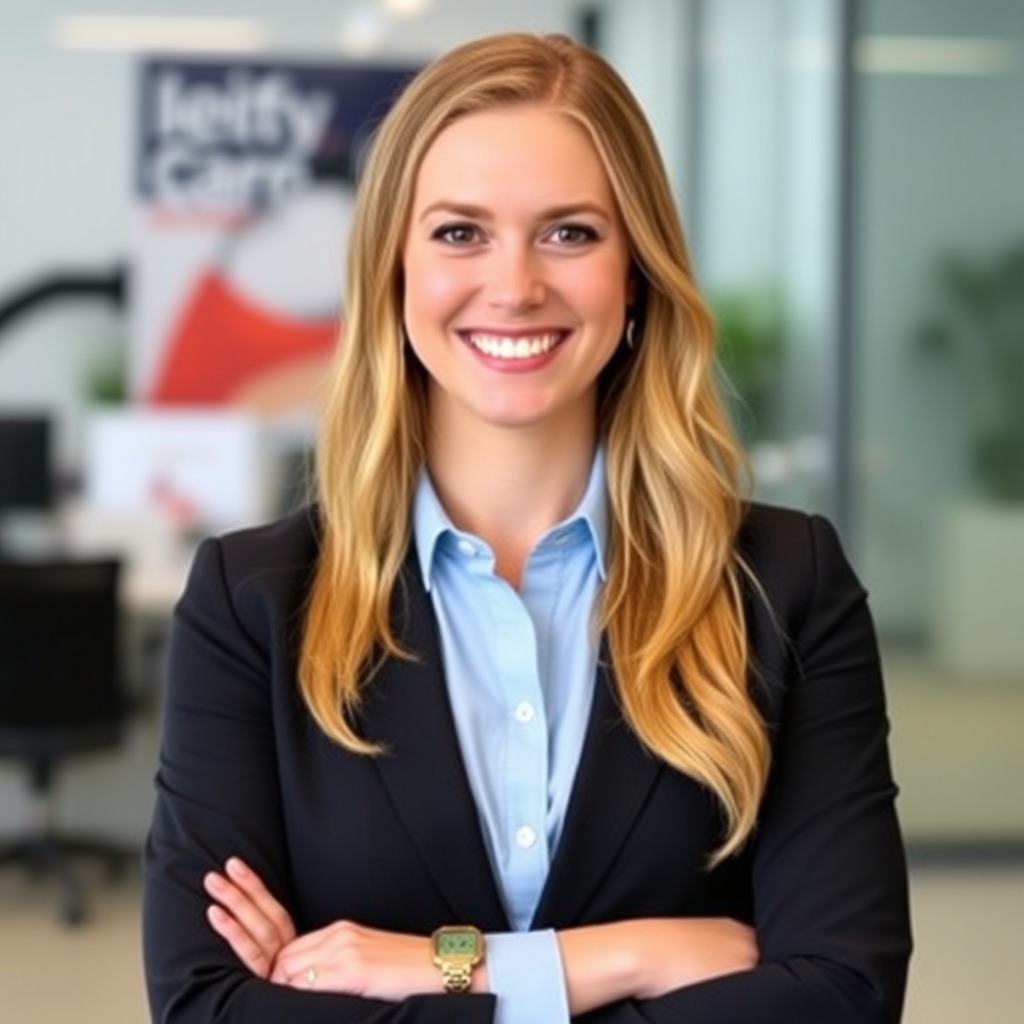 Professional headshot of Emma Kelly, Client Success Specialist at iieir tech, wearing business attire with a warm smile, photographed against a modern office background