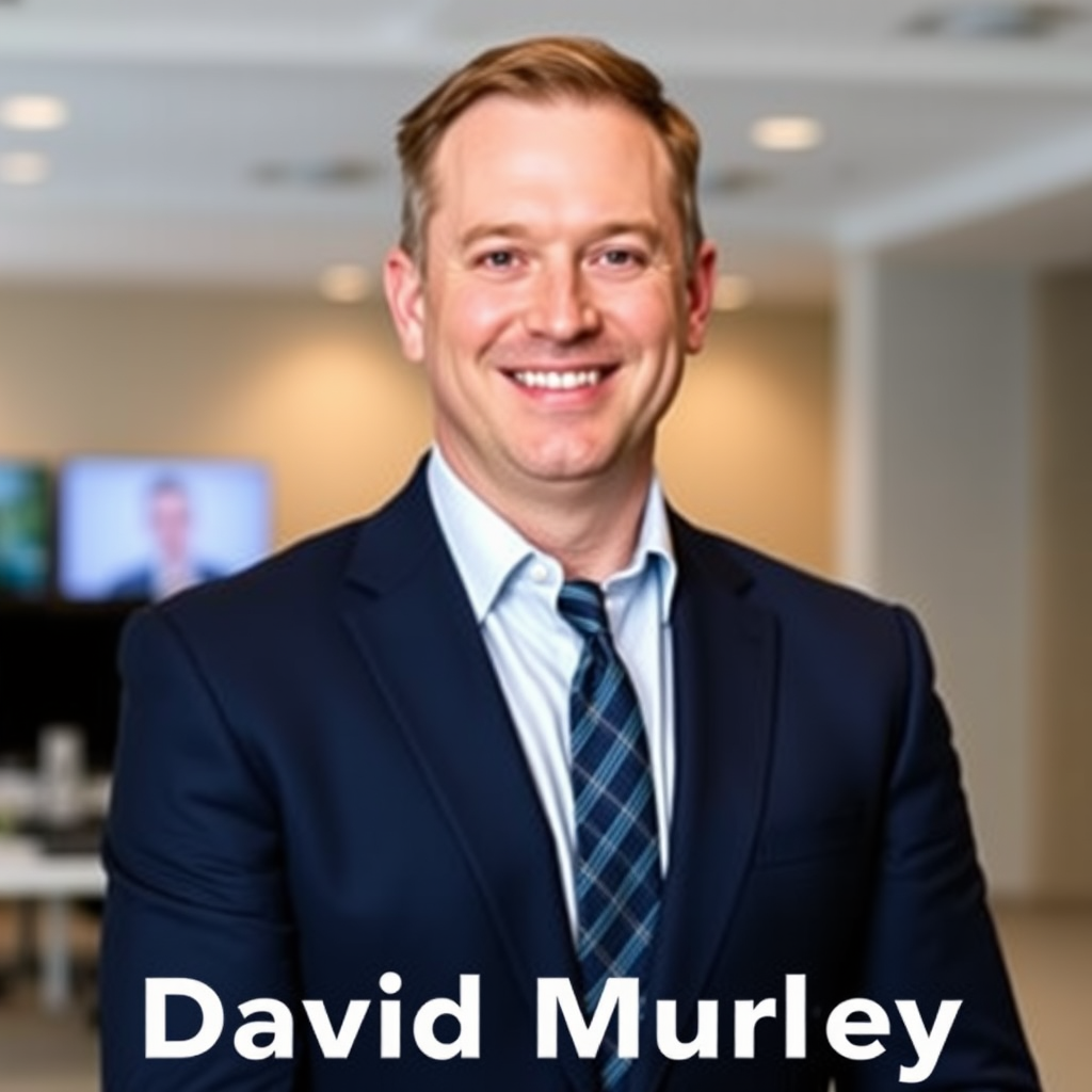 David Murphy headshot - Professional portrait of Operations Director David Murphy wearing a navy business suit with a confident smile, photographed against a modern office background with subtle tech elements