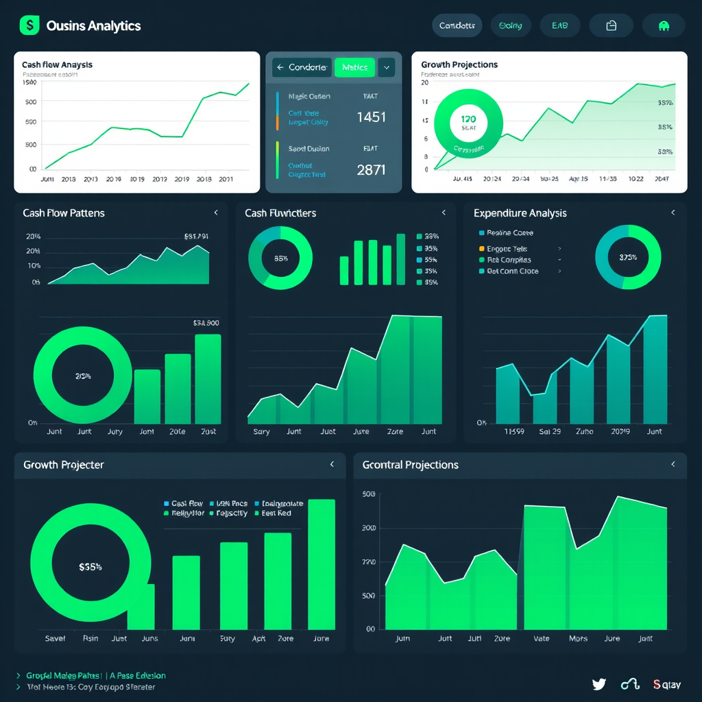 Professional business analytics dashboard displaying cash flow patterns, expenditure analysis charts, growth projections, and financial metrics with emerald green and electric blue data visualizations