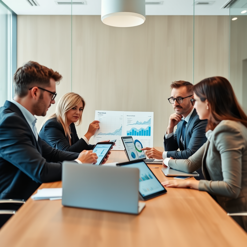 Professional business meeting with financial advisors reviewing analytics reports and charts on tablets and laptops, discussing financing options in a modern conference room