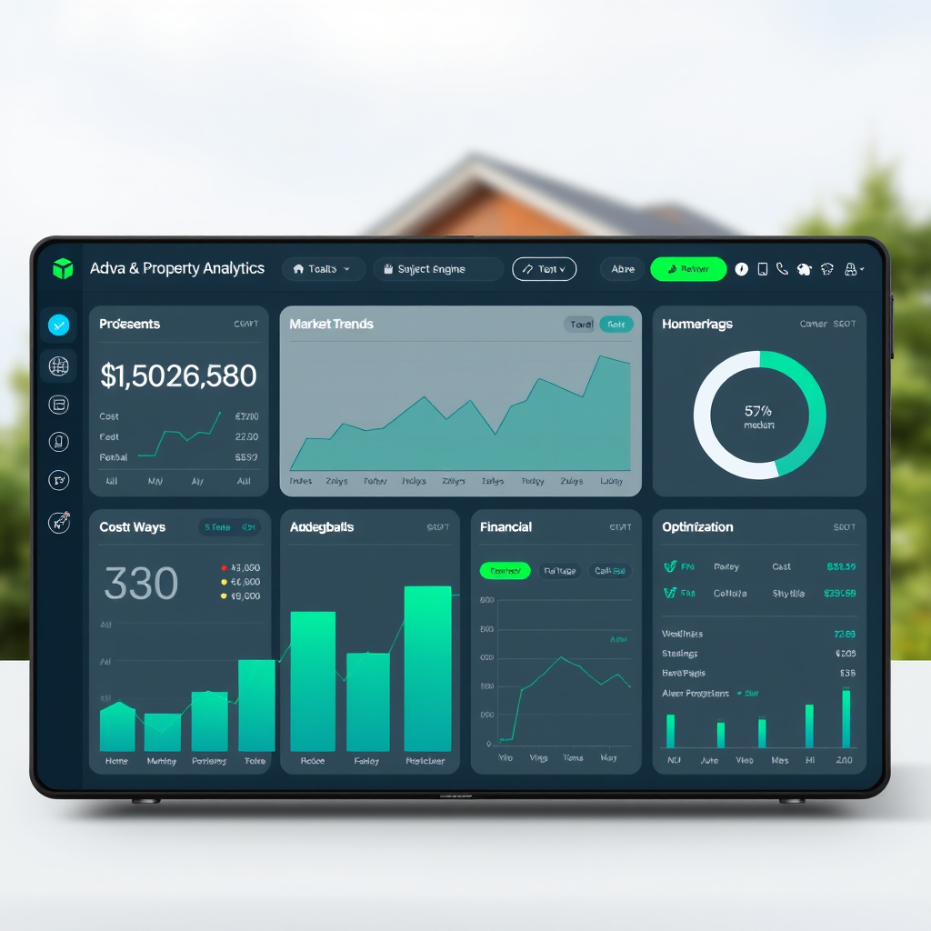 Advanced property analytics engine interface showing cost projections, market trends, and financial optimization tools with emerald green and blue design elements