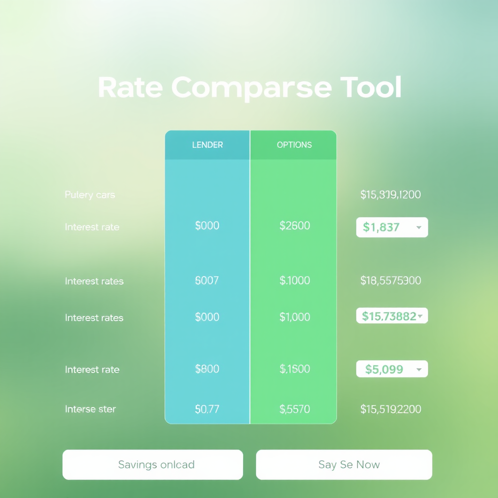 Interactive rate comparison tool interface displaying multiple lender options, interest rates, and savings calculations with emerald green and blue gradient design