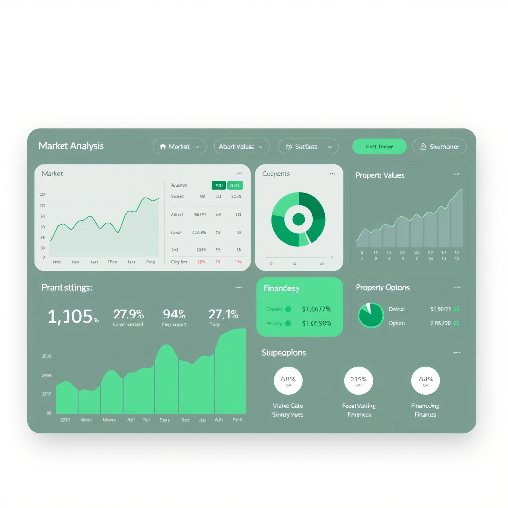 Sophisticated property finance interface showing market analysis charts, affordability calculators, property value trends, and financing options with sleek emerald green design elements and data visualization tools