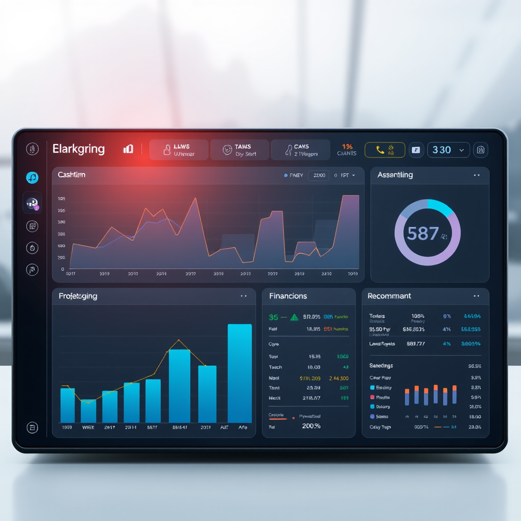 Futuristic financial dashboard interface showing real-time business analytics, cash flow projections, and financing recommendations with interactive charts and data visualization elements