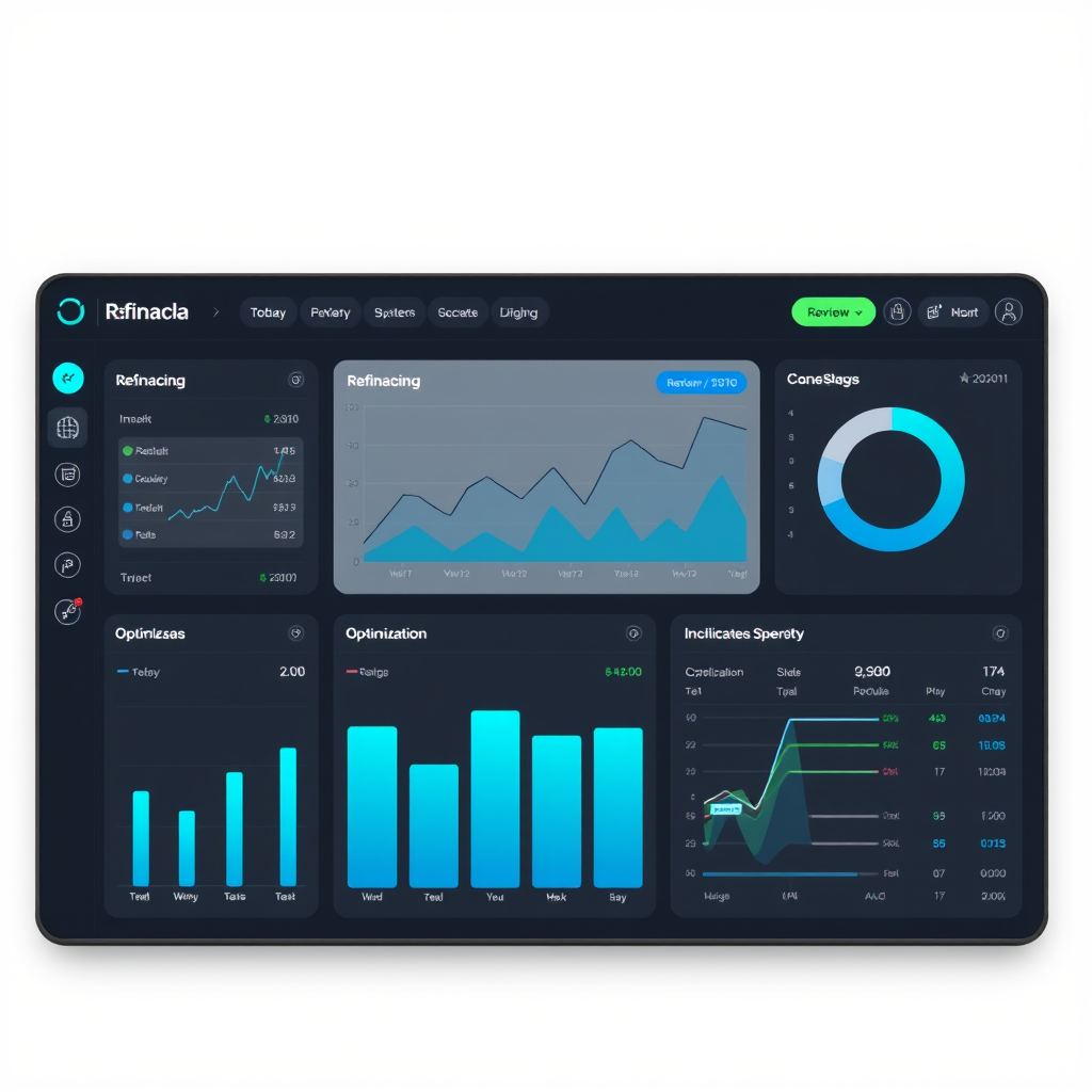Modern financial analytics platform interface showing refinancing data visualization, charts, and optimization tools with sleek dark theme and blue-green accents